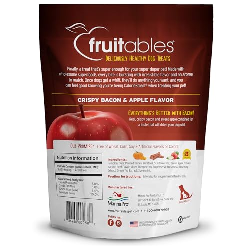 Fruitables Baked Dog Treats, Healthy Pumpkin Treat for Dogs, Low Calorie & Delicious, Free of Wheat, Corn and Soy, Made in the USA, Apple and Crispy Bacon Flavor, 12oz