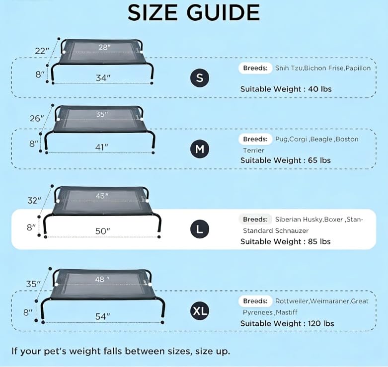 SIEMOUR 50" Lx32 Wx8 H Cooling Elevated Dog Bed for Large Dogs with Non-Slip Floor Protectors & Breathable Mesh, Raised Indoor & Outdoor Dog Cot Pet Hammock, Grey