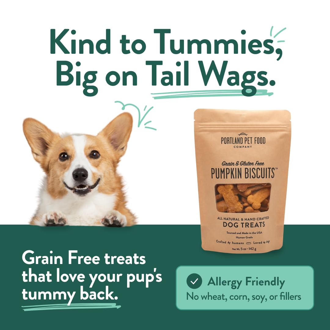 Portland Pet Food Company Pumpkin Dog Treats Healthy Biscuits for Small Medium & Large Dogs - Grain-Free, Human-Grade, All Natural Cookies, Snacks & Puppy Training Treats - Made in The USA - 5 oz