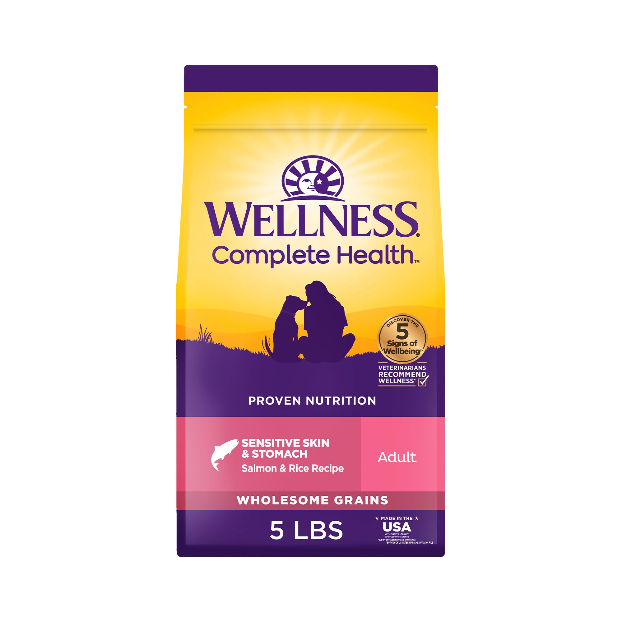 Wellness Complete Health Sensitive Skin & Stomach Dry Dog Food, Wholesome Grains, Natural, Salmon & Rice Recipe, (5-Pound Bag)