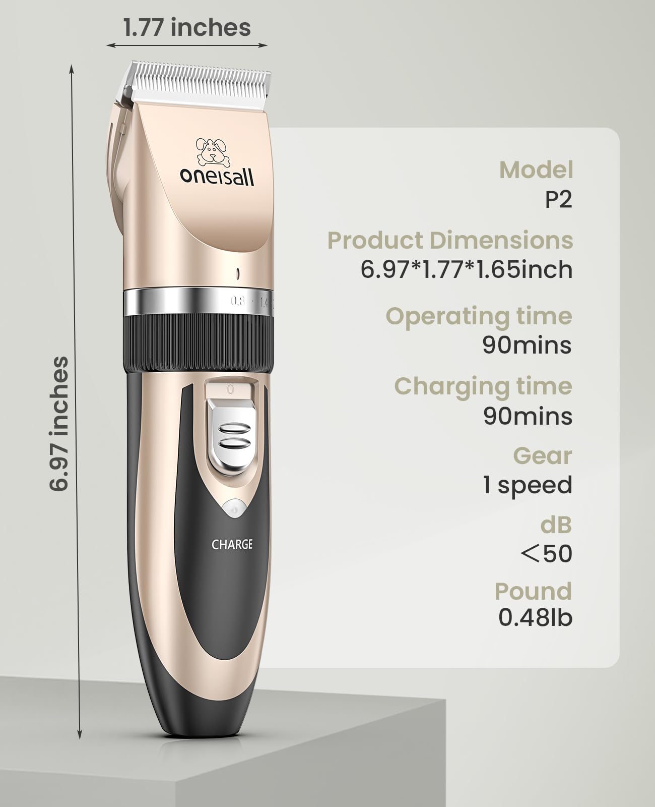 oneisall Dog Clipper Low Noise, Dog Grooming Kit with Rechargeable, Pet Shaver Cordless Electric Quiet Hair Clipper Set for Dogs Cats Pets（Gold）