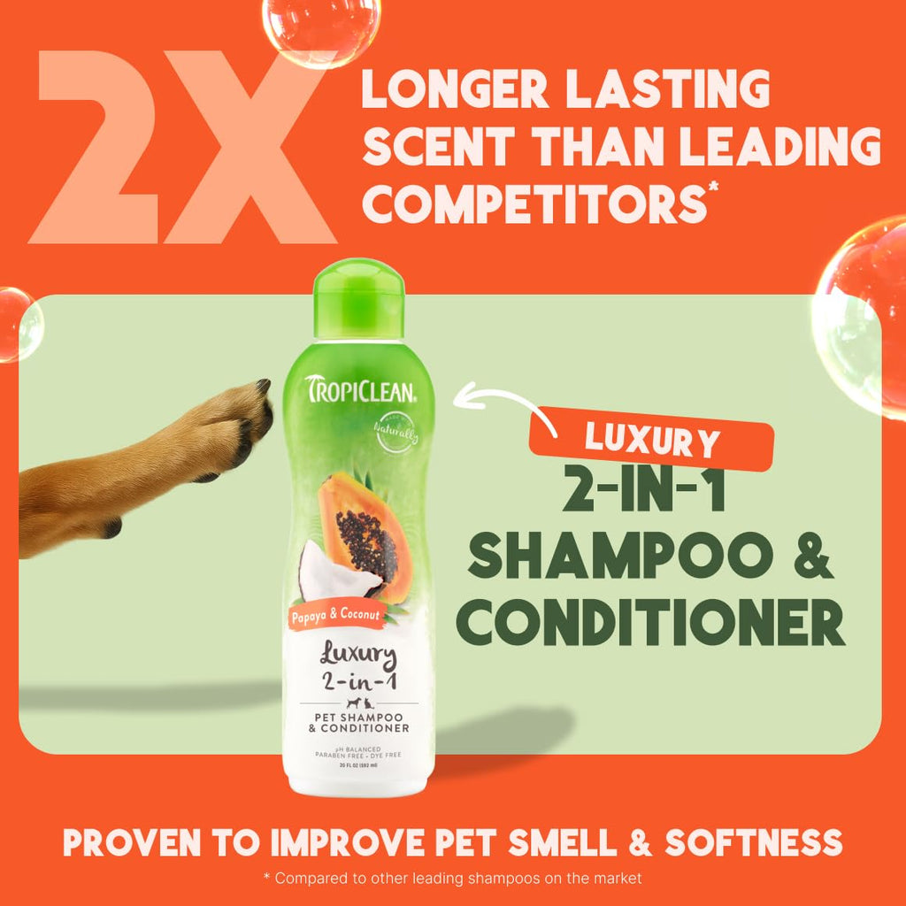TropiClean 2-in-1 Dog Shampoo and Conditioner, Moisturizing Dog Detangler, Puppy Safe, Made in the USA, Papaya Scent, Cat & Kitten Safe, 20oz.