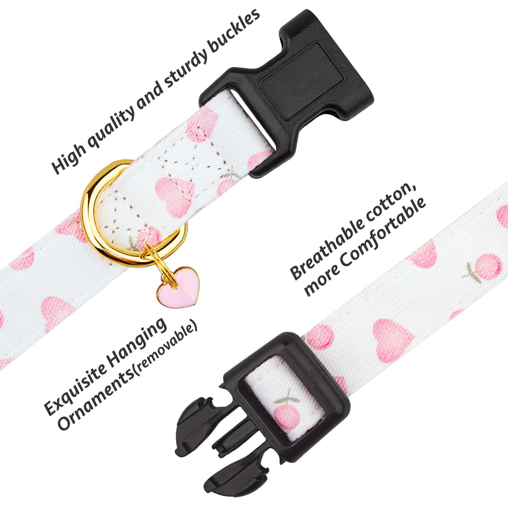 Cotton Handmade Dog Collar Cute and Distinctive Patterns White and Pink Love Heart with Pendant for Girl Boy Dogs Collars S