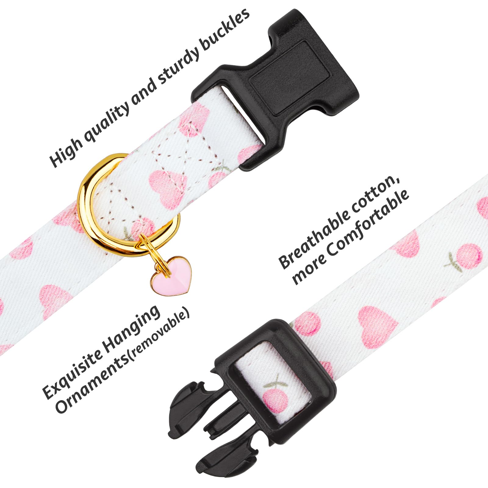 Cotton Handmade Dog Collar Cute and Distinctive Patterns White and Pink Love Heart with Pendant for Girl Boy Dogs Collars S