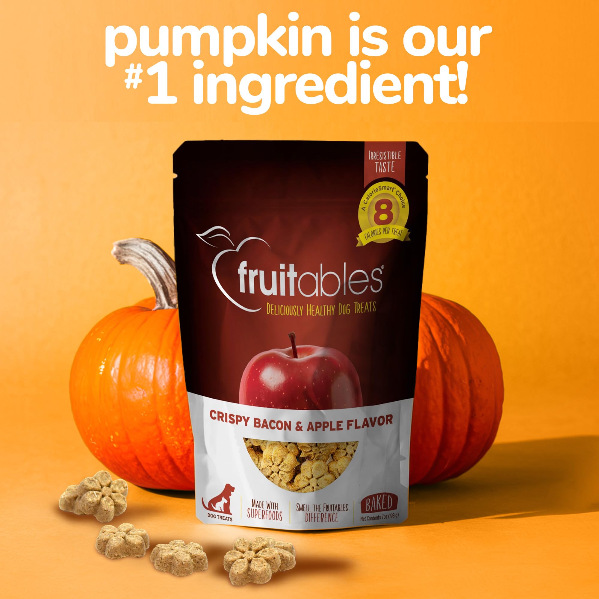 Fruitables Baked Dog Treats, Healthy Pumpkin Treat for Dogs, Low Calorie & Delicious, Free of Wheat, Corn and Soy, Made in the USA, Apple and Crispy Bacon Flavor, 12oz