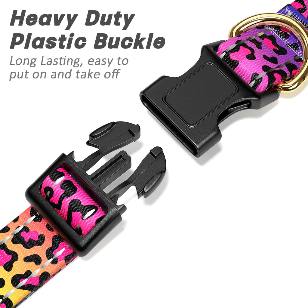TMOODEL Reflective Dog Collar for Medium Dogs, Cute Leopard Style Adjustable Heavy-Duty Nylon Puppy Collar for Boy and Girl Female, Soft Pet Accessories with Quick Release Buckle, Neon