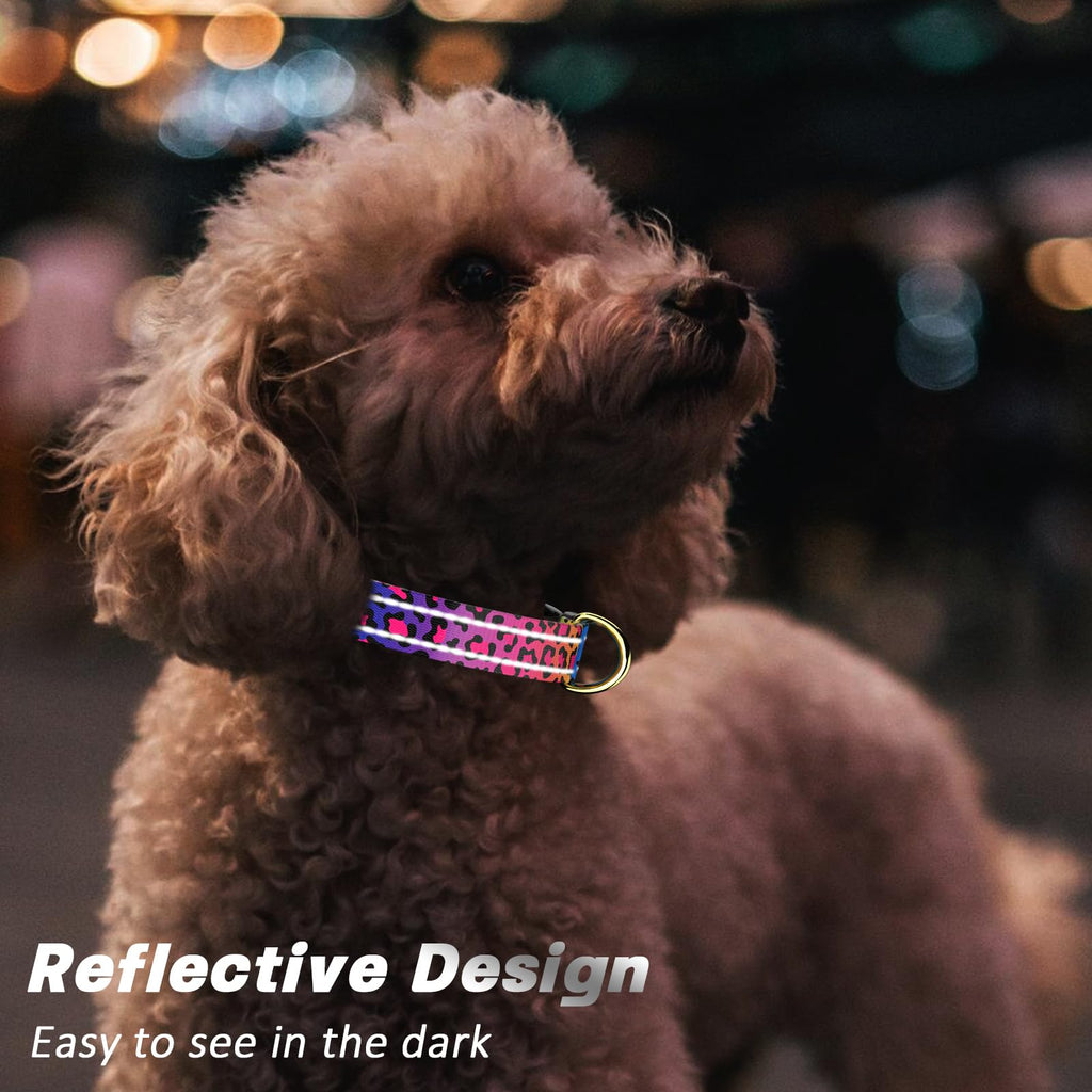 TMOODEL Reflective Dog Collar for Medium Dogs, Cute Leopard Style Adjustable Heavy-Duty Nylon Puppy Collar for Boy and Girl Female, Soft Pet Accessories with Quick Release Buckle, Neon