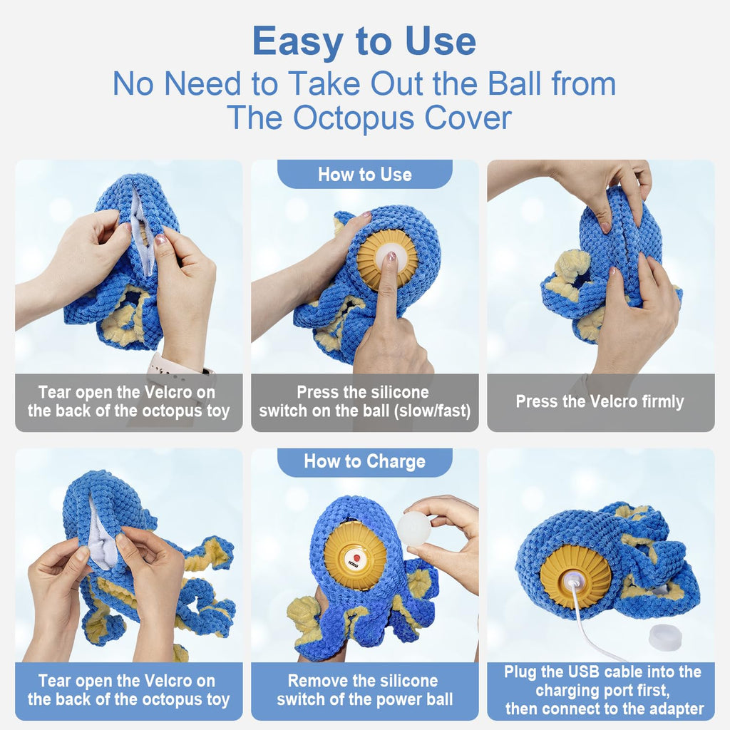 Qraxond Interactive Dog Toys Octopus,Durable Automatic Jumping Dog Toy to Keep Them Busy,Squeaky Moving Tug of War Doggie Toy,USB Rechargeable,Not for Aggressive Chewers (Blue)