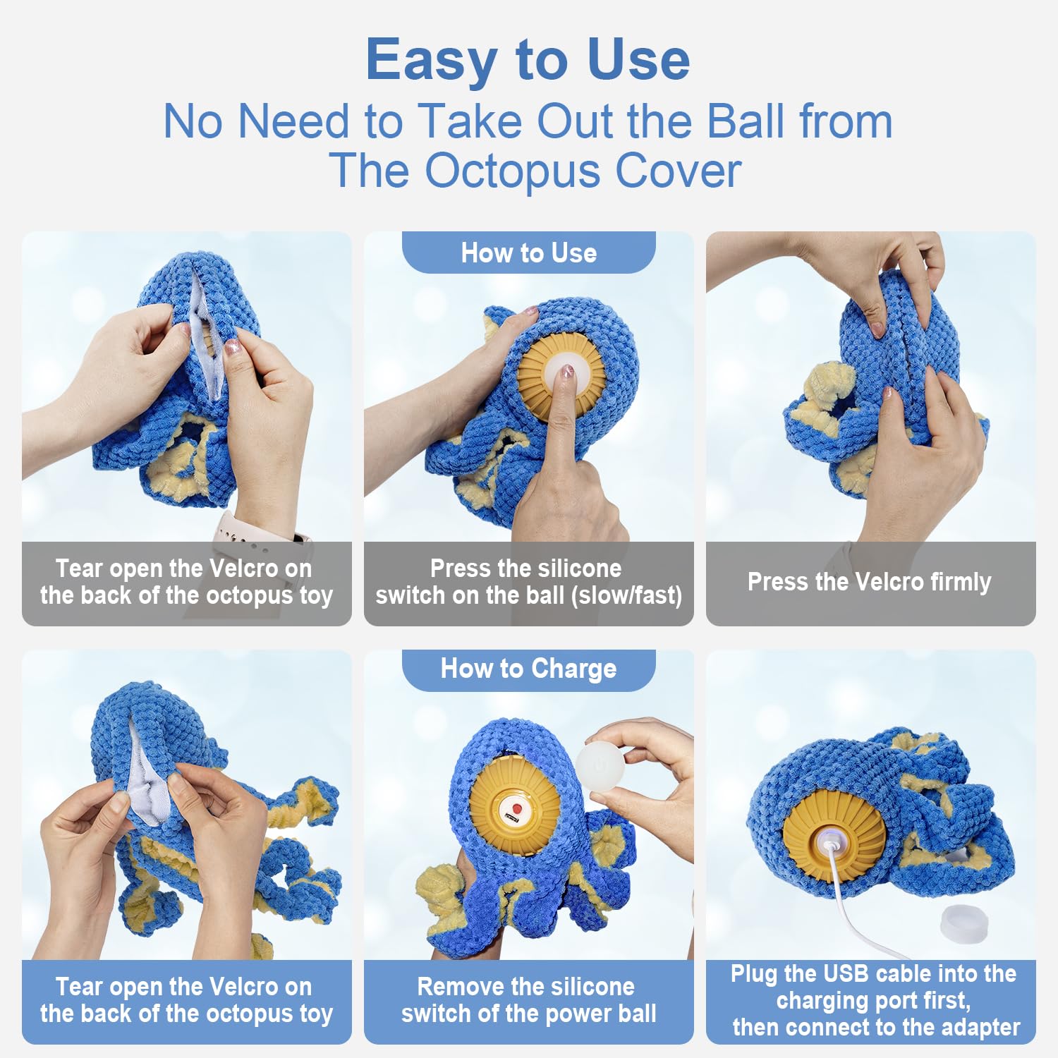 Qraxond Interactive Dog Toys Octopus,Durable Automatic Jumping Dog Toy to Keep Them Busy,Squeaky Moving Tug of War Doggie Toy,USB Rechargeable,Not for Aggressive Chewers (Blue)