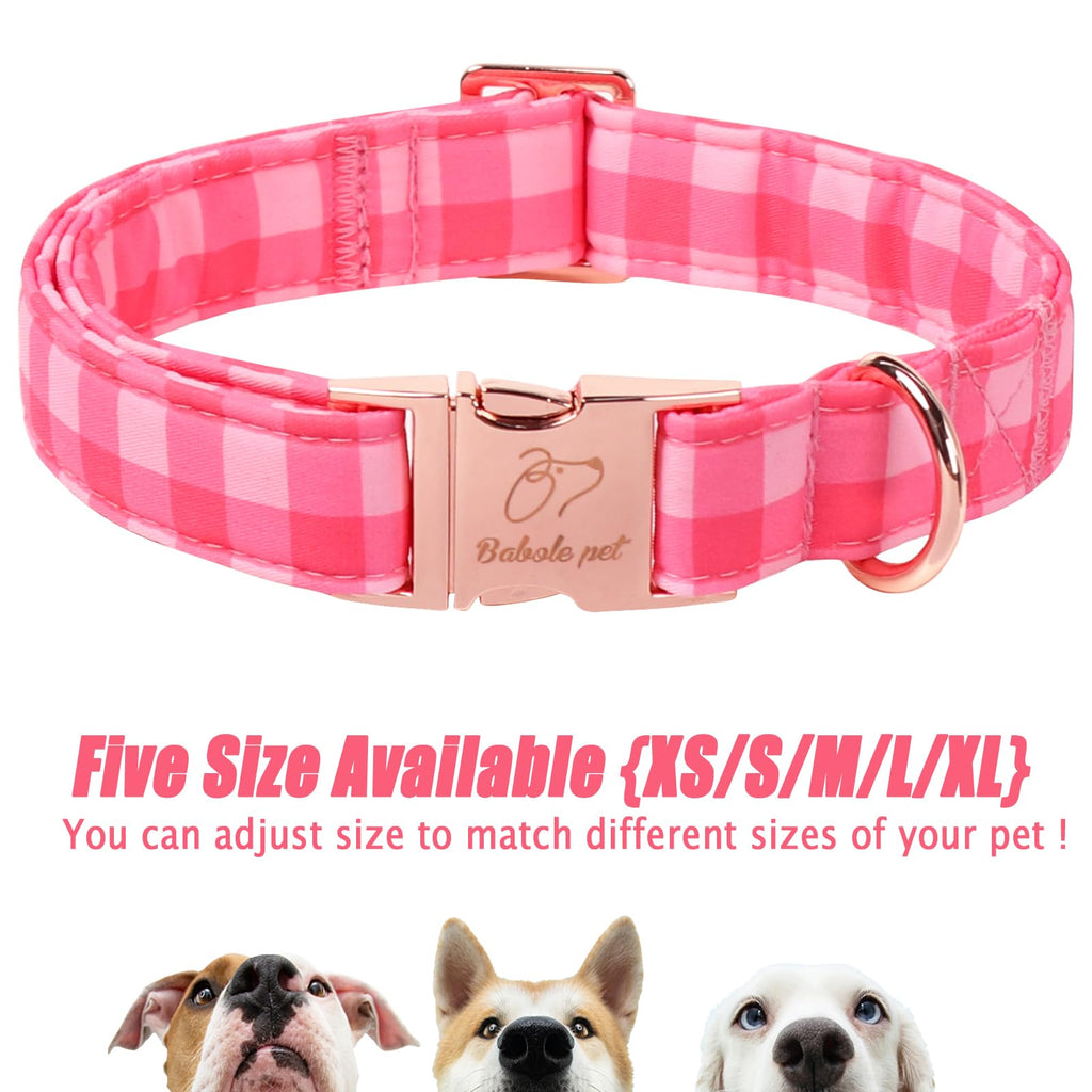 Babole Pet Pink Checkerboard Dog Collar, Classic Girly Plaid Dog Collars, Adjustable Heavy Duty Girl Dogs Collar for Small Medium Large Dogs with Metal Buckle S