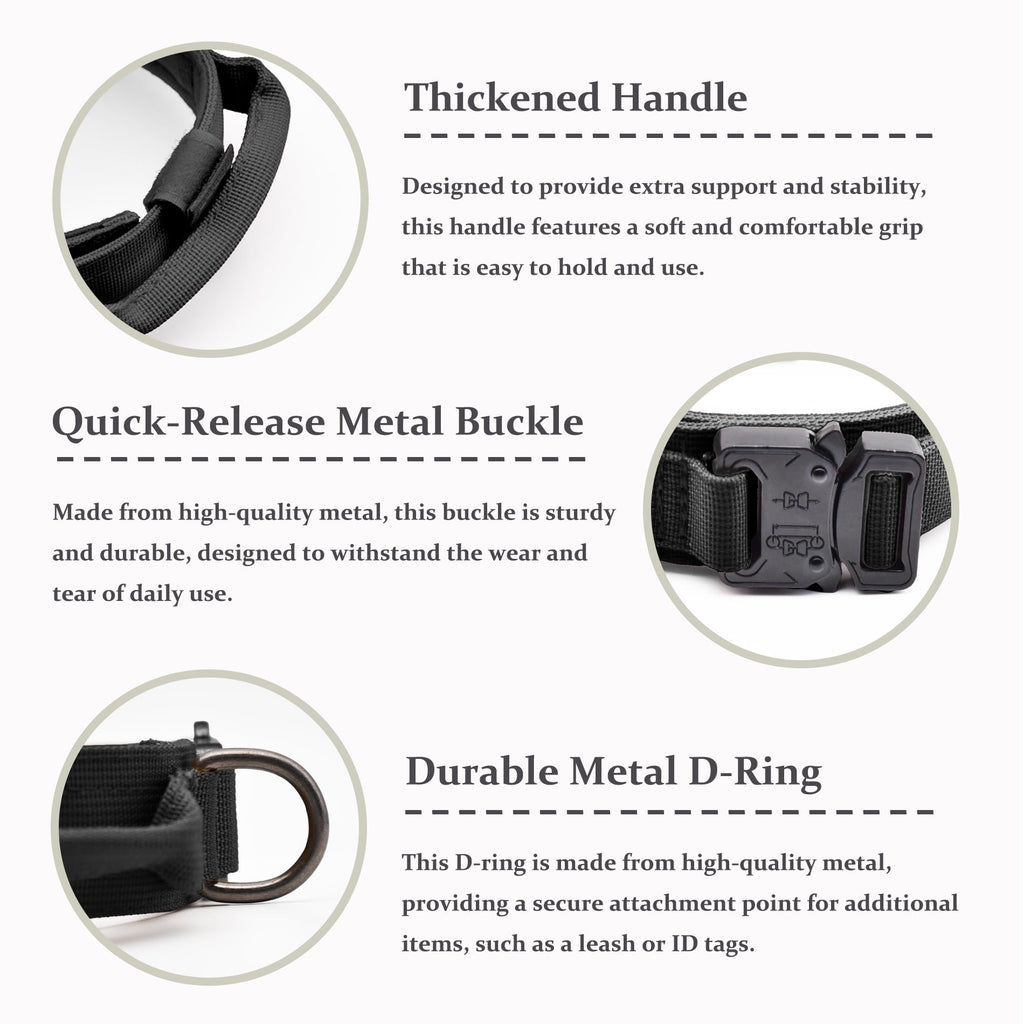 Tactical Dog Collar, Adjustable Military Training Nylon Dog Collar with Control Handle and Heavy Quick-Release Metal Buckle for Small Medium Large Dogs, Black L