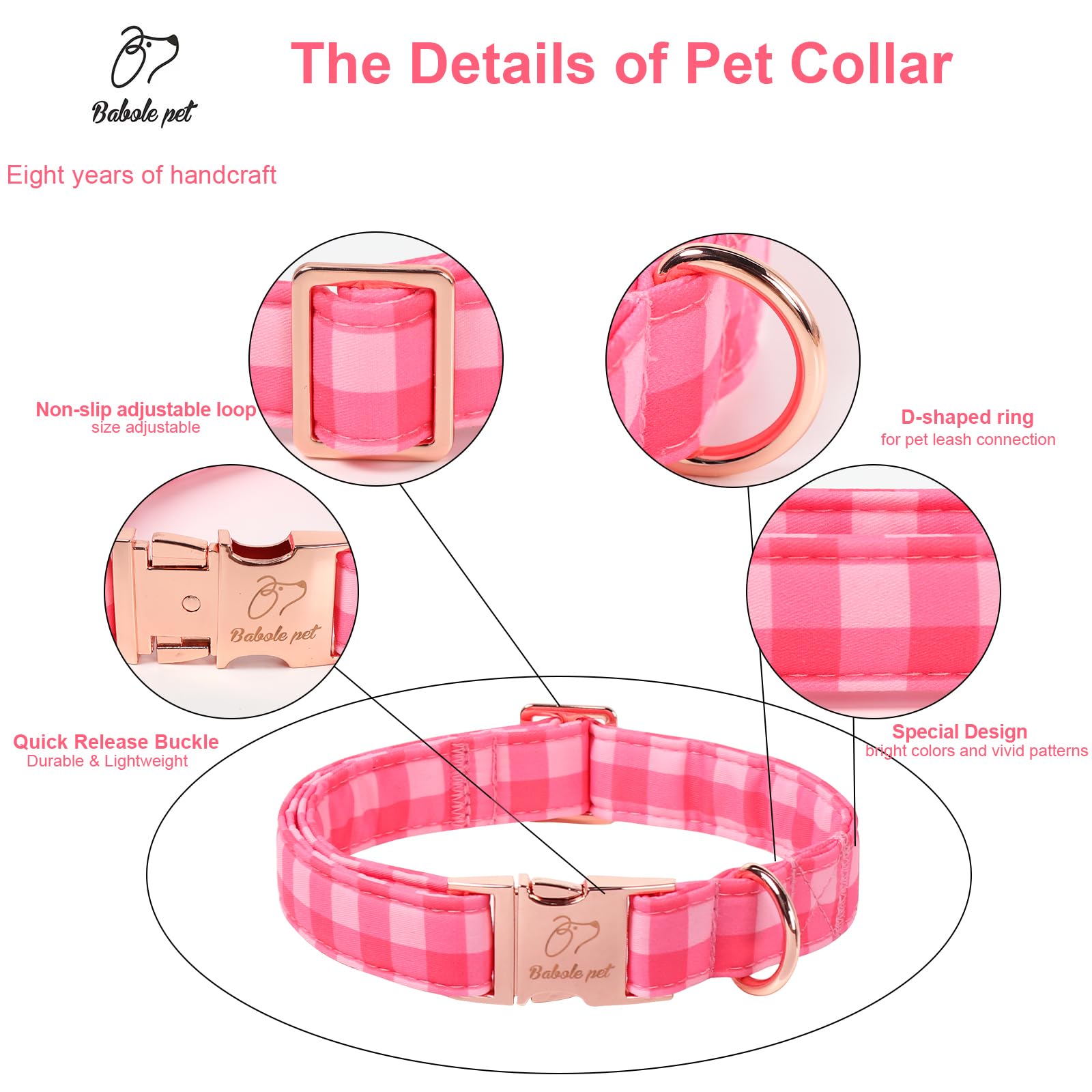 Babole Pet Pink Checkerboard Dog Collar, Classic Girly Plaid Dog Collars, Adjustable Heavy Duty Girl Dogs Collar for Small Medium Large Dogs with Metal Buckle S