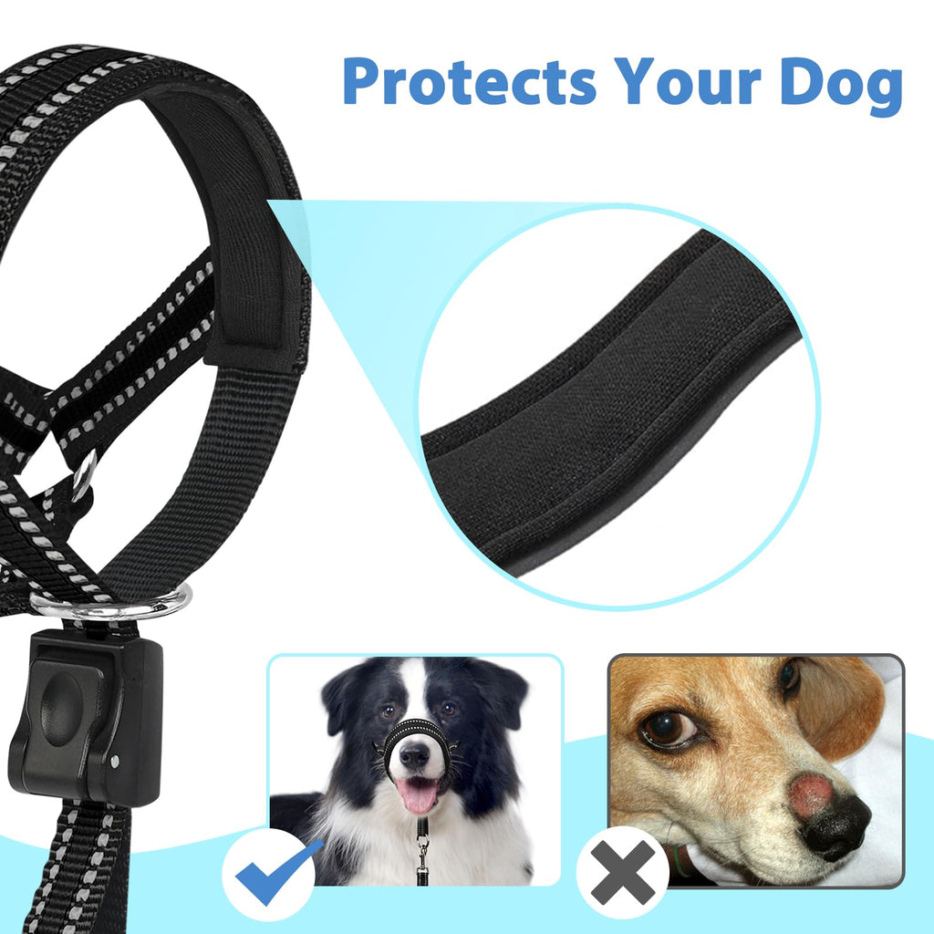 BARKLESS Soft Dog Head Collar, Patented Padded No Pull Head Halter, Training Nose Leash with Safety Link for Medium Large Dogs, Adjustable Muzzle Leash, Easy Control for Walking(Black, M)