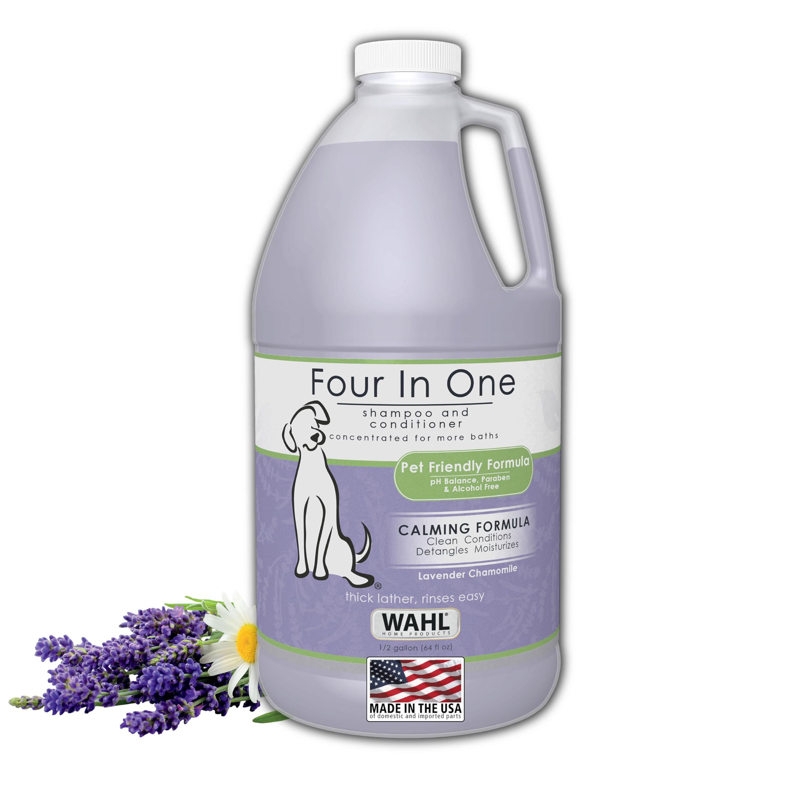 Wahl USA 4-in-1 Calming Pet Shampoo for Dogs with a Lavender Chamomile Scent – Cleans, Conditions, Detangles, & Moisturizes - Pet Friendly Formula – 64 Oz - Model 821000-050