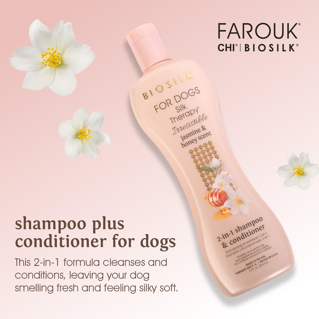 BioSilk for Dogs Silk Therapy Irresistible 2-in-1 Shampoo and Conditioner, Scented, Jasmine and Honey Scent, Paraben Free, Made in The USA, 12 Fl Ounces