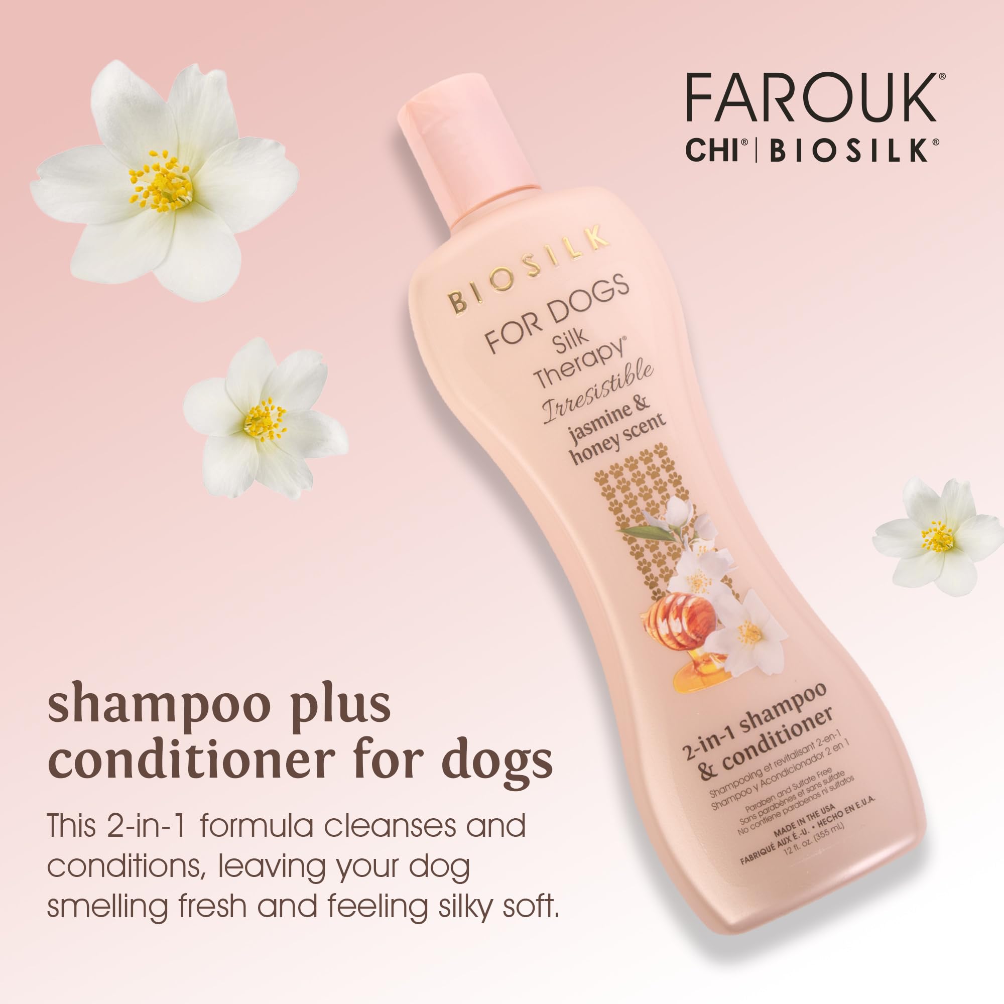 BioSilk for Dogs Silk Therapy Irresistible 2-in-1 Shampoo and Conditioner, Scented, Jasmine and Honey Scent, Paraben Free, Made in The USA, 12 Fl Ounces