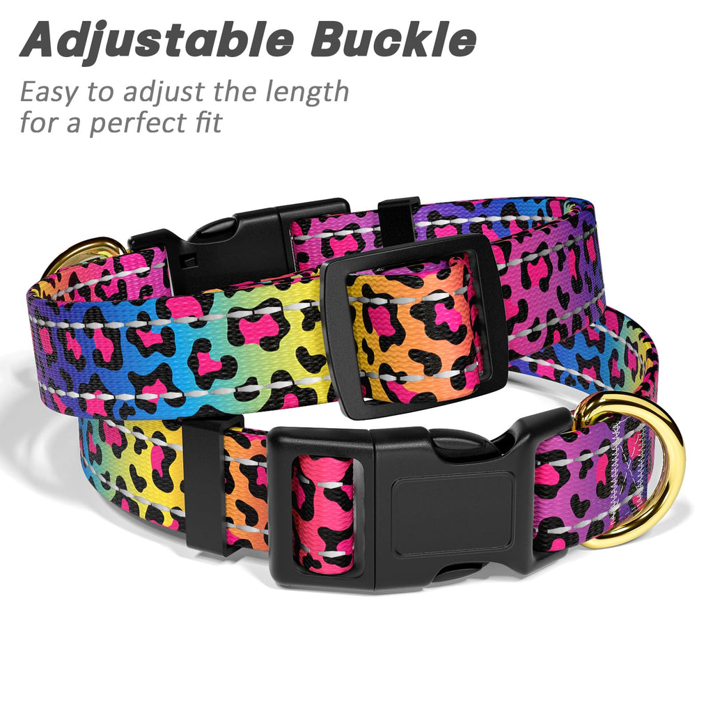 TMOODEL Reflective Dog Collar for Medium Dogs, Cute Leopard Style Adjustable Heavy-Duty Nylon Puppy Collar for Boy and Girl Female, Soft Pet Accessories with Quick Release Buckle, Neon
