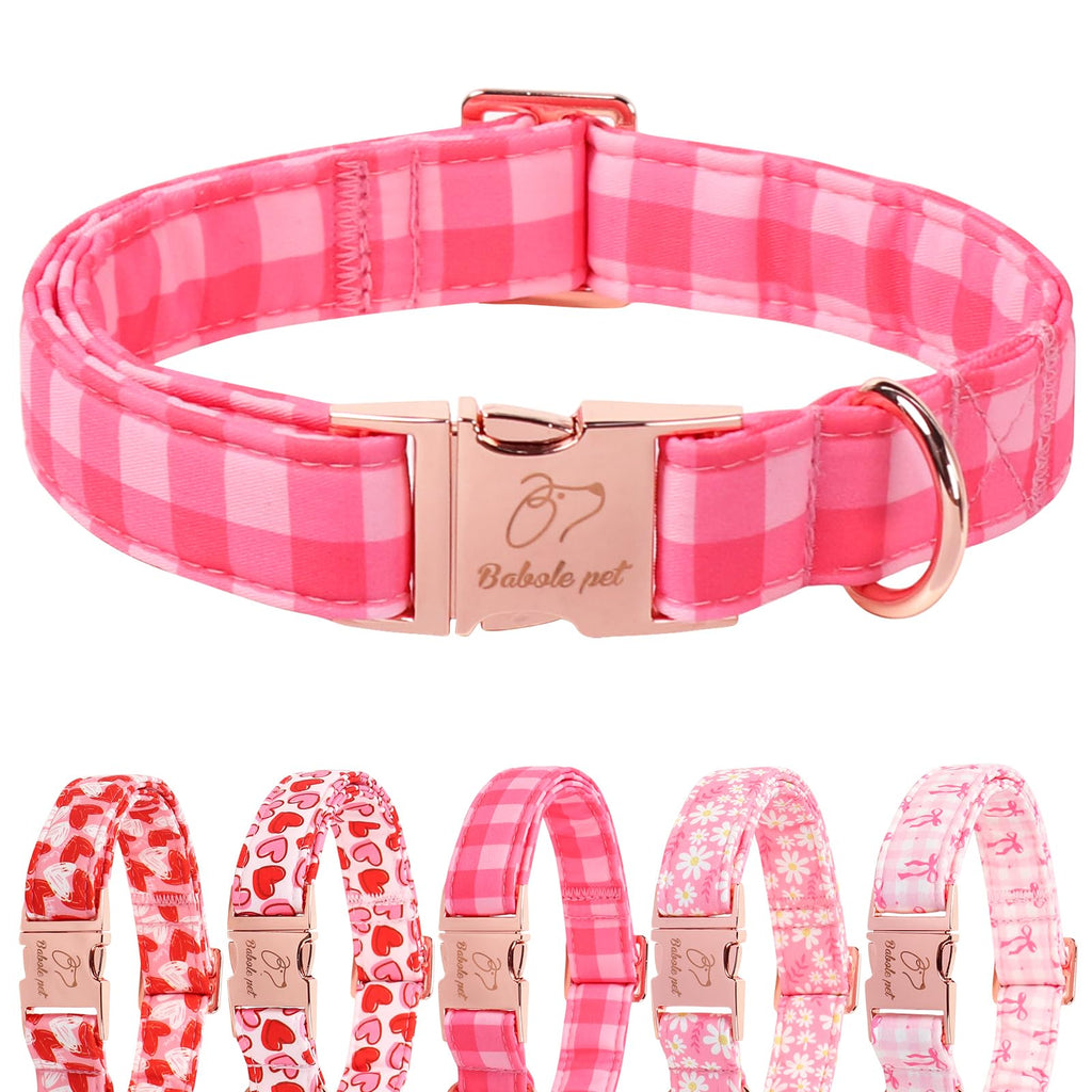 Babole Pet Pink Checkerboard Dog Collar, Classic Girly Plaid Dog Collars, Adjustable Heavy Duty Girl Dogs Collar for Small Medium Large Dogs with Metal Buckle S