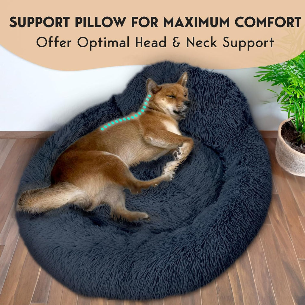 PetJett Calming Dog Bed Medium Size Dog - 30'' Donut Bed, Round Dog Bed, Anti-Slip & Washable Super Soft Fluffy Plush Round Bed, Anti-Anxiety Premium Comfort Pet Bed, Fits Dogs upto 45 lbs - Dark Grey