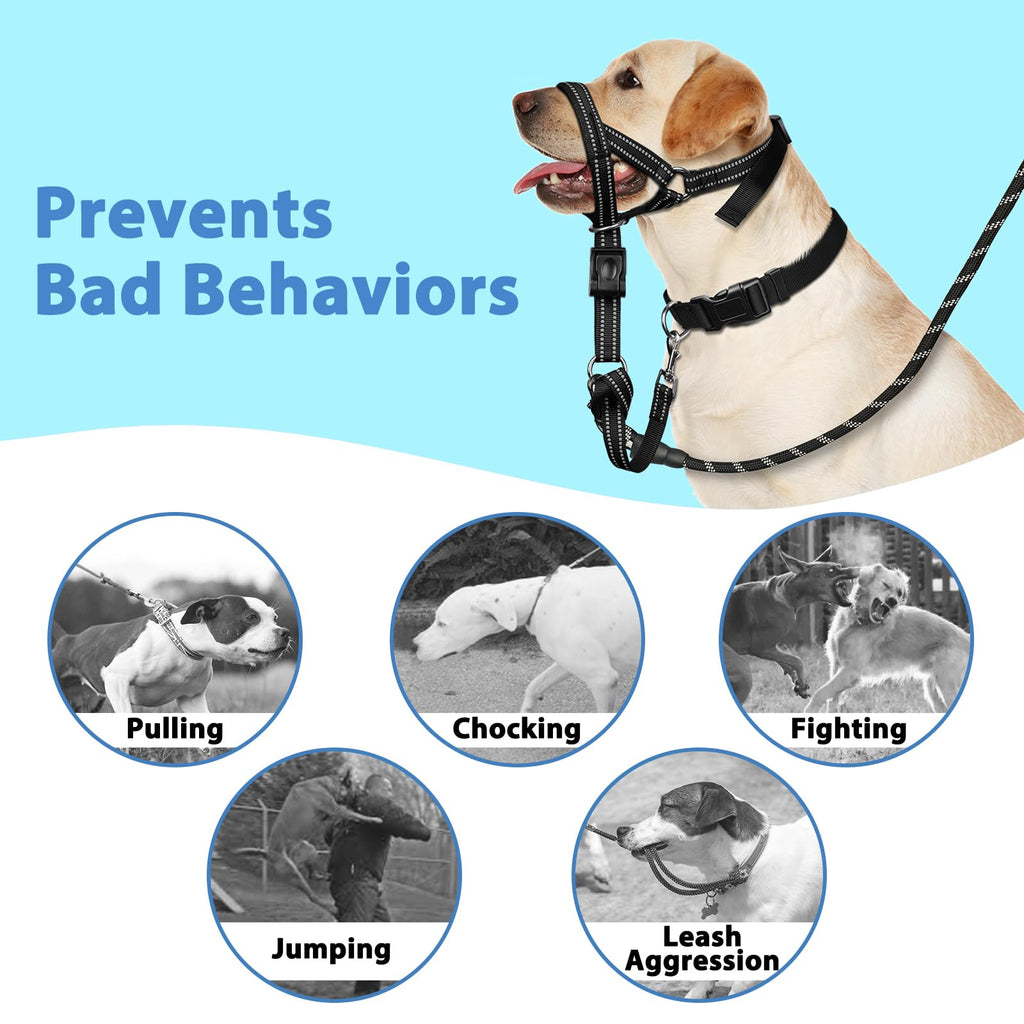BARKLESS Soft Dog Head Collar, Patented Padded No Pull Head Halter, Training Nose Leash with Safety Link for Medium Large Dogs, Adjustable Muzzle Leash, Easy Control for Walking(Black, M)