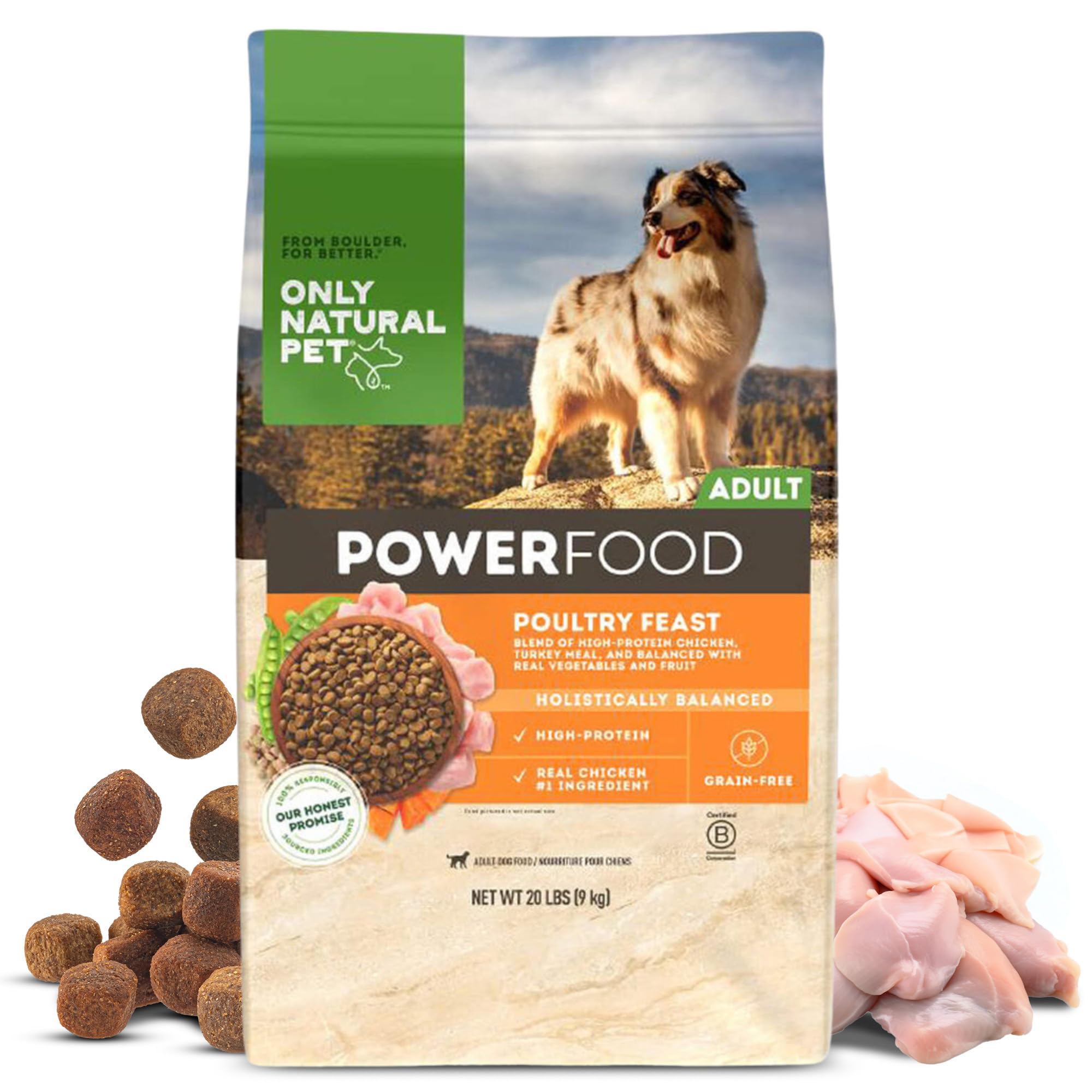 Only Natural Pet Dry Dog Food Canine PowerFood Formula - Paleo Inspired Formula with No Grain, Soy, Corn, Wheat or Oats – Poultry Feast 20 lb Bag