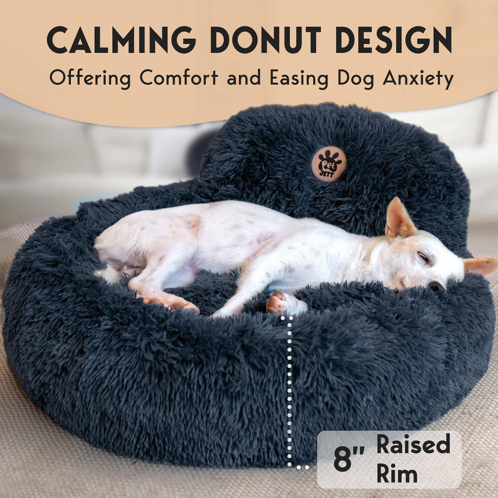 PetJett Calming Dog Bed Medium Size Dog - 30'' Donut Bed, Round Dog Bed, Anti-Slip & Washable Super Soft Fluffy Plush Round Bed, Anti-Anxiety Premium Comfort Pet Bed, Fits Dogs upto 45 lbs - Dark Grey
