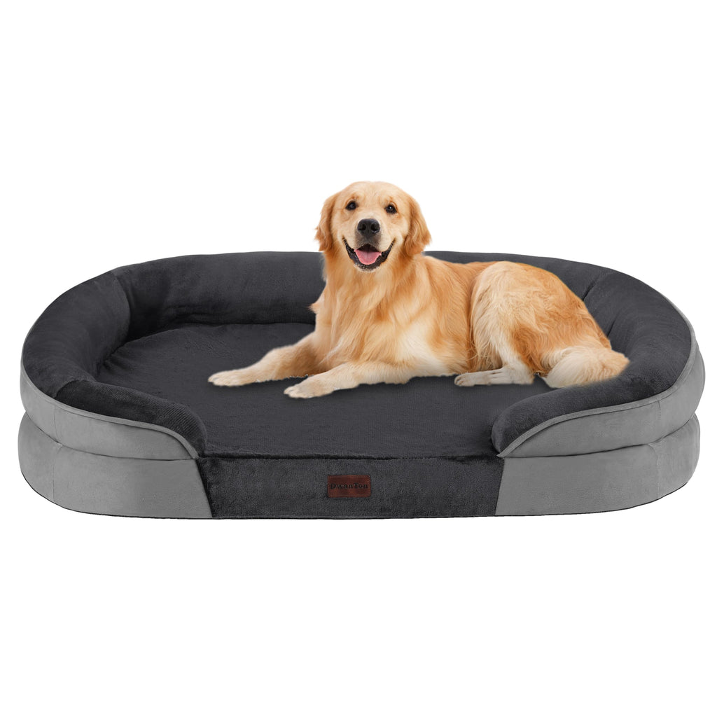 Dwanton Orthopedic Dog Bed for Large Dogs with Gel Memory Foam, Waterproof Dog Sofa, Washable Pet Bed with Four Sided Bolster Cushion, Removable Cover & Non-Slip Bottom, 42", Dark Gray