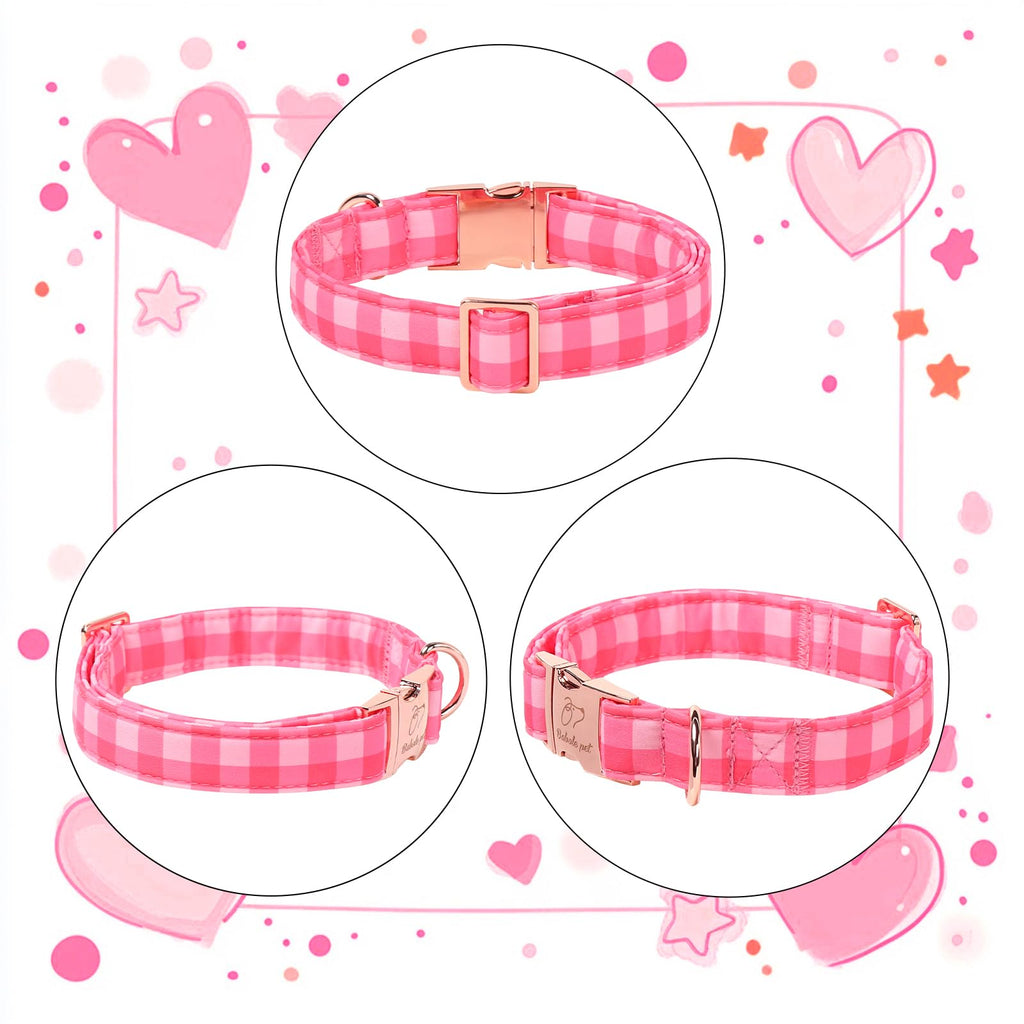 Babole Pet Pink Checkerboard Dog Collar, Classic Girly Plaid Dog Collars, Adjustable Heavy Duty Girl Dogs Collar for Small Medium Large Dogs with Metal Buckle S