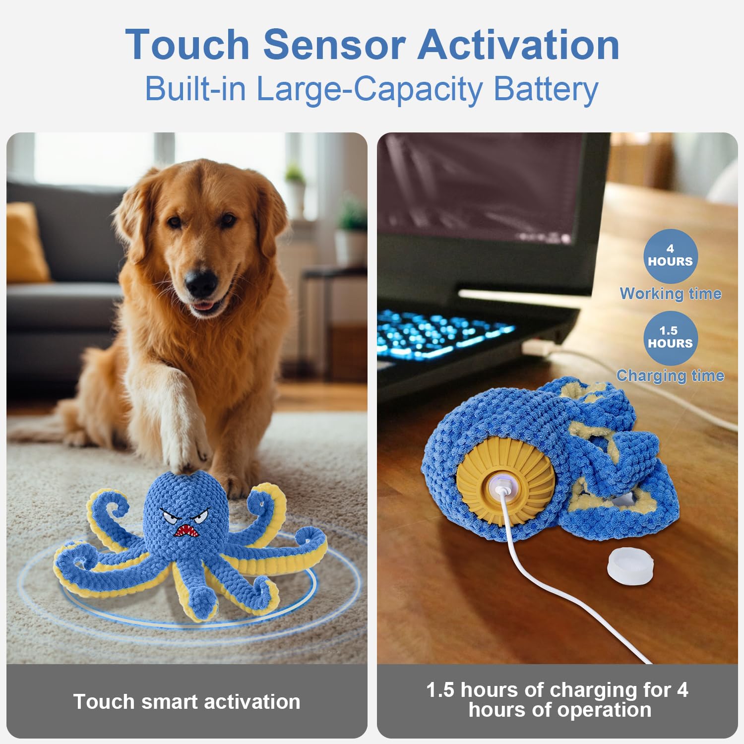 Qraxond Interactive Dog Toys Octopus,Durable Automatic Jumping Dog Toy to Keep Them Busy,Squeaky Moving Tug of War Doggie Toy,USB Rechargeable,Not for Aggressive Chewers (Blue)