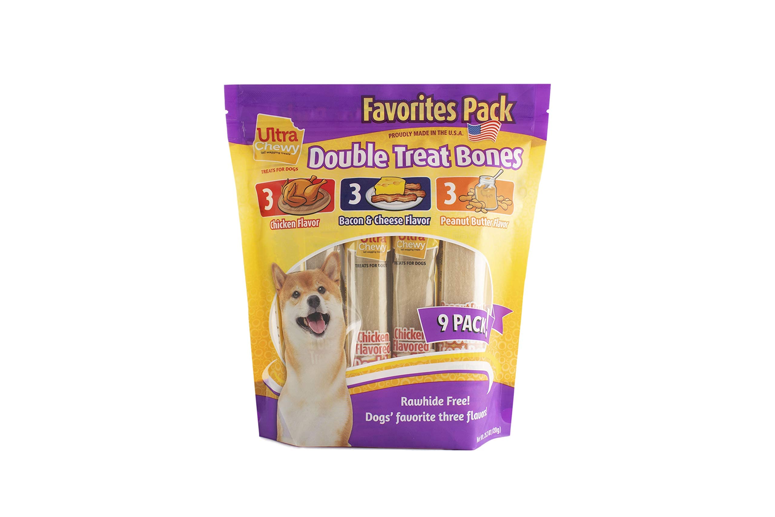 Ultra Chewy Double Treat Bones Favorites, Dog Treats, Made in The USA, Healthy Treats, Easy to Digest, Promotes Dental Health (Assorted Flavors, 1 Pack/9 Bones Per Pack)