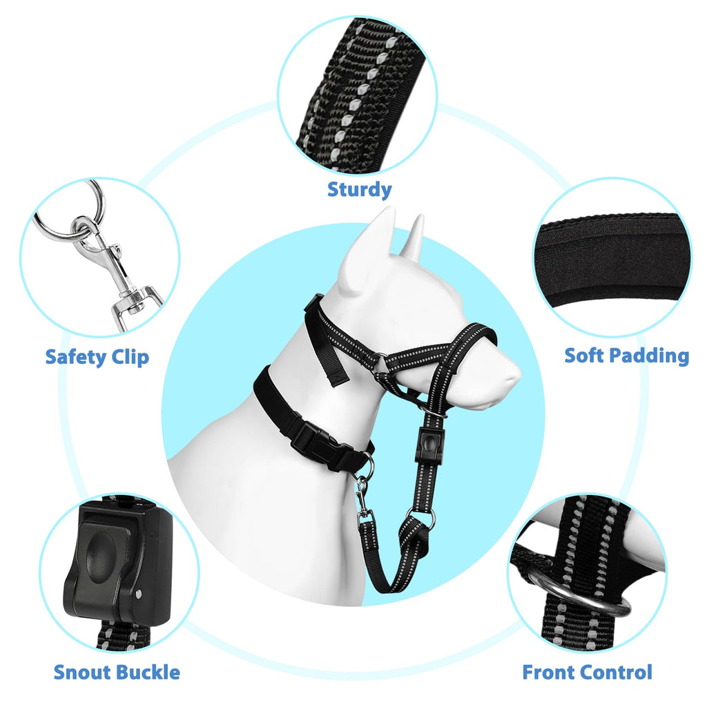 BARKLESS Soft Dog Head Collar, Patented Padded No Pull Head Halter, Training Nose Leash with Safety Link for Medium Large Dogs, Adjustable Muzzle Leash, Easy Control for Walking(Black, M)