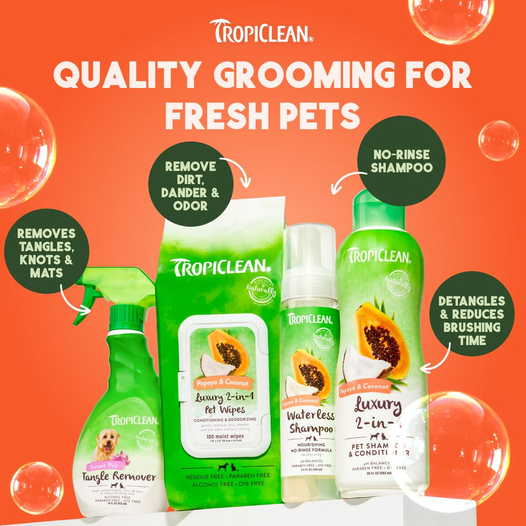 TropiClean 2-in-1 Dog Shampoo and Conditioner, Moisturizing Dog Detangler, Puppy Safe, Made in the USA, Papaya Scent, Cat & Kitten Safe, 20oz.