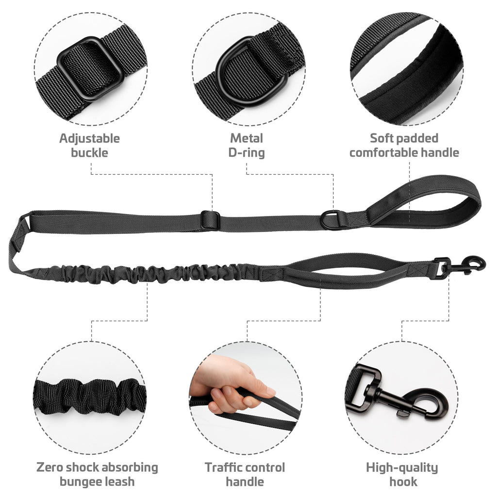 Forestpaw Tactical Dog Leash for Large Dogs,Heavy Duty Bungee Dog Leash with Shock Absorption,2 Padded Handles for Training Running Walking,Adjustable 4-5FT,Black