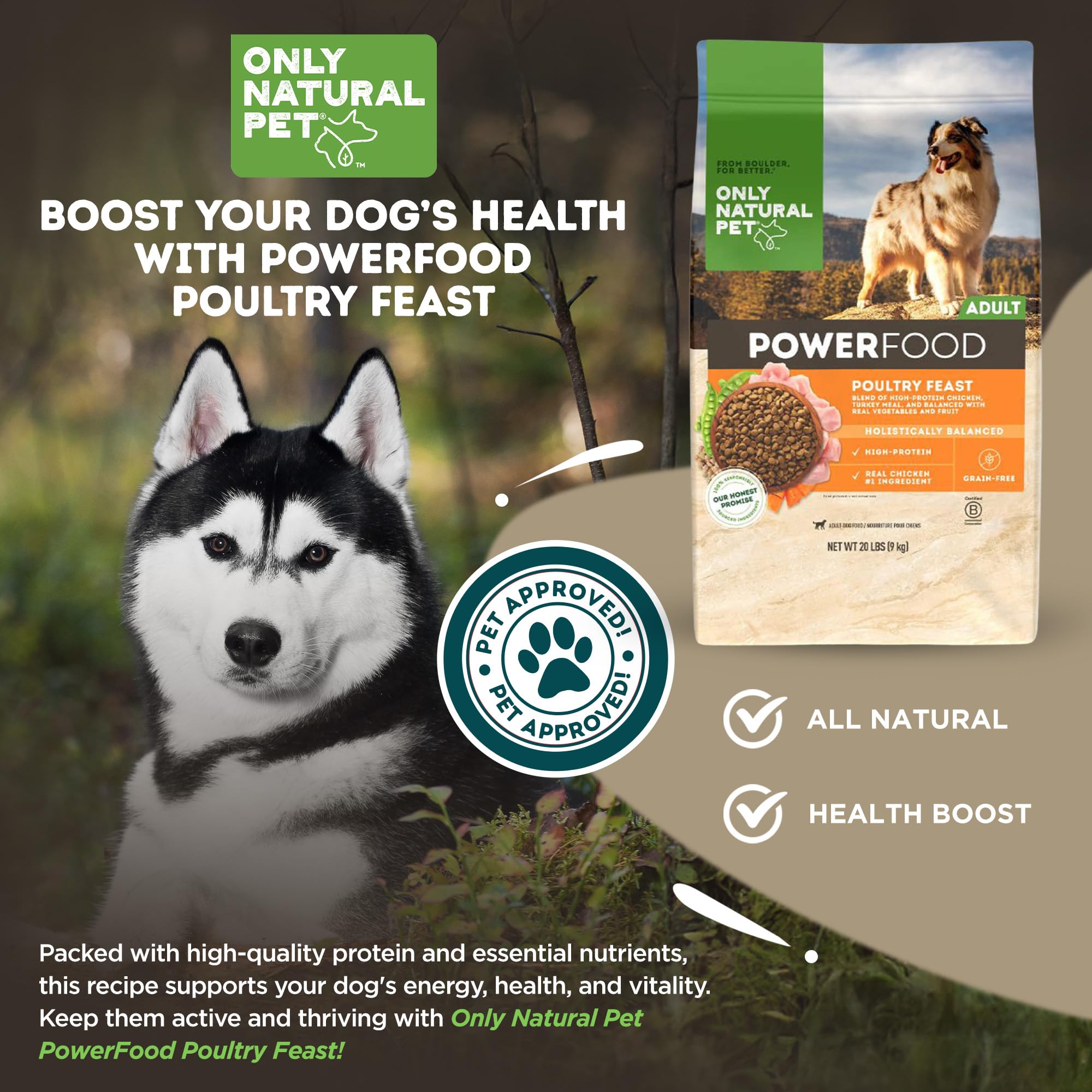 Only Natural Pet Dry Dog Food Canine PowerFood Formula - Paleo Inspired Formula with No Grain, Soy, Corn, Wheat or Oats – Poultry Feast 20 lb Bag