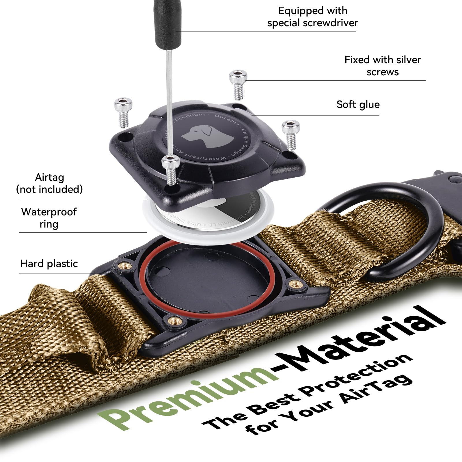 2025 Upgrade Waterproof AirTag Dog Collar, Military Tactical Dog Collar with AirTag Holder, Comfortable Control Handle and Metal Buckle, GPS Dog Collar Holder for Medium to Large Dogs (Khaki,L)