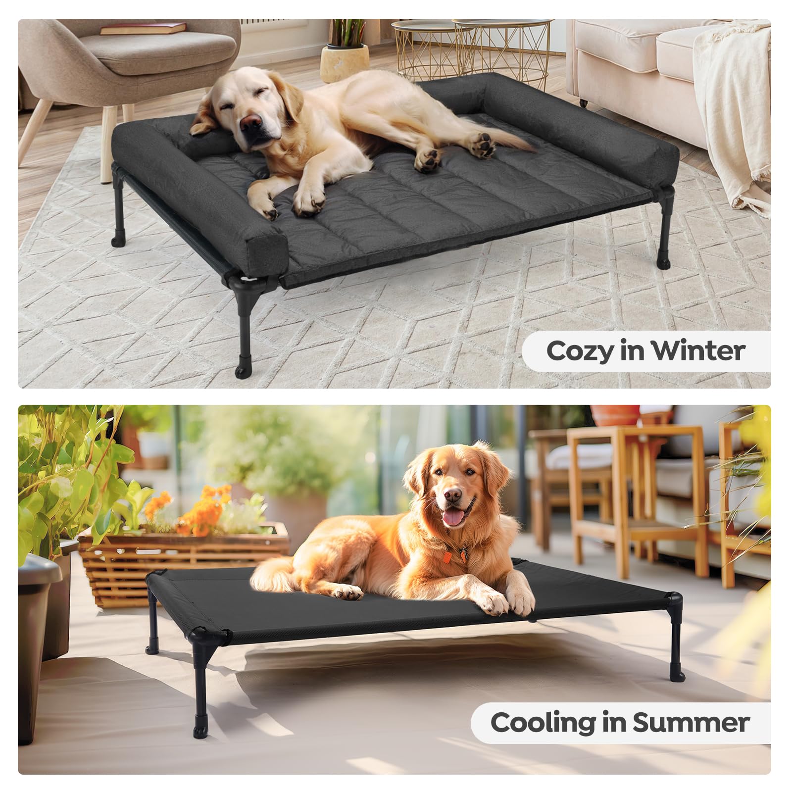 Veehoo Cooling Elevated Dog Bed Add Removable Waterproof Bolster Cushion Mat, Raised Pet Cot with Breathable Teslin Mesh, No-Slip Feet, Dog Couch Bed for Indoor Outdoor, 42x30inches, Black, CWC2331B