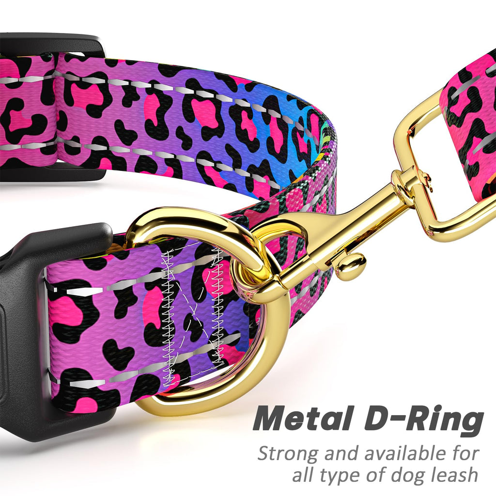 TMOODEL Reflective Dog Collar for Medium Dogs, Cute Leopard Style Adjustable Heavy-Duty Nylon Puppy Collar for Boy and Girl Female, Soft Pet Accessories with Quick Release Buckle, Neon
