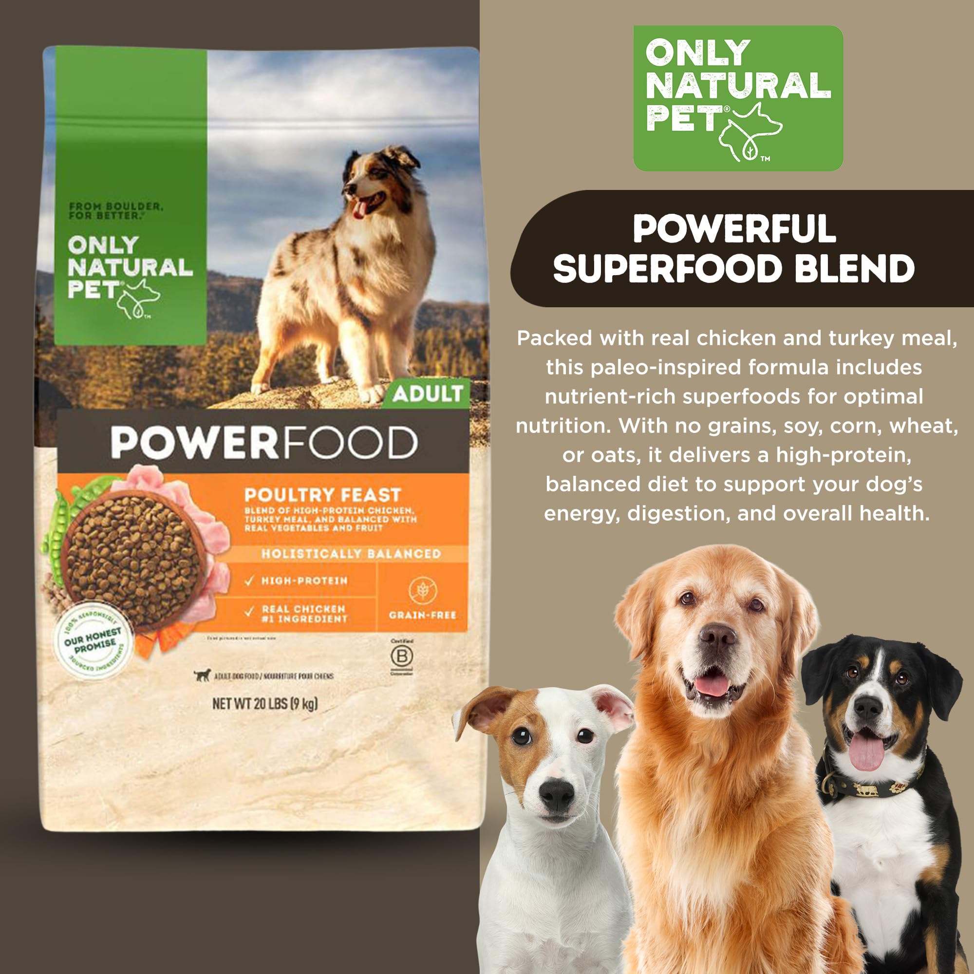 Only Natural Pet Dry Dog Food Canine PowerFood Formula - Paleo Inspired Formula with No Grain, Soy, Corn, Wheat or Oats – Poultry Feast 20 lb Bag