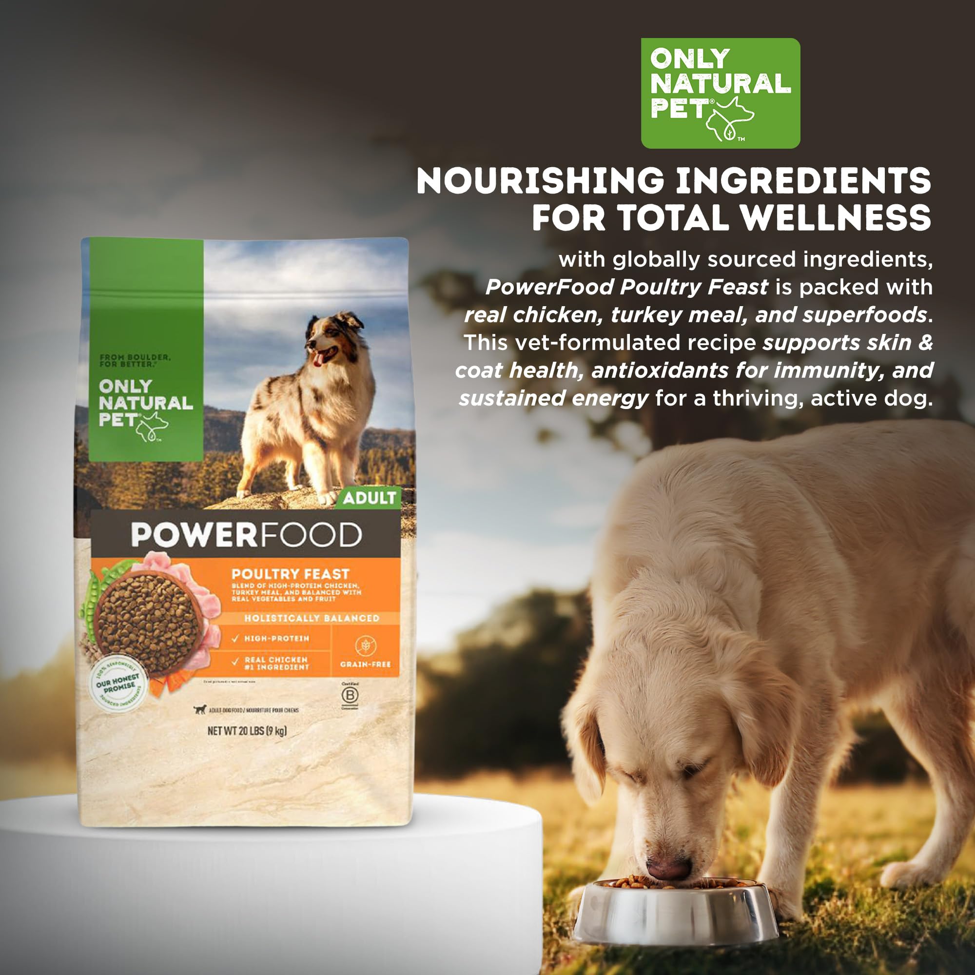 Only Natural Pet Dry Dog Food Canine PowerFood Formula - Paleo Inspired Formula with No Grain, Soy, Corn, Wheat or Oats – Poultry Feast 20 lb Bag