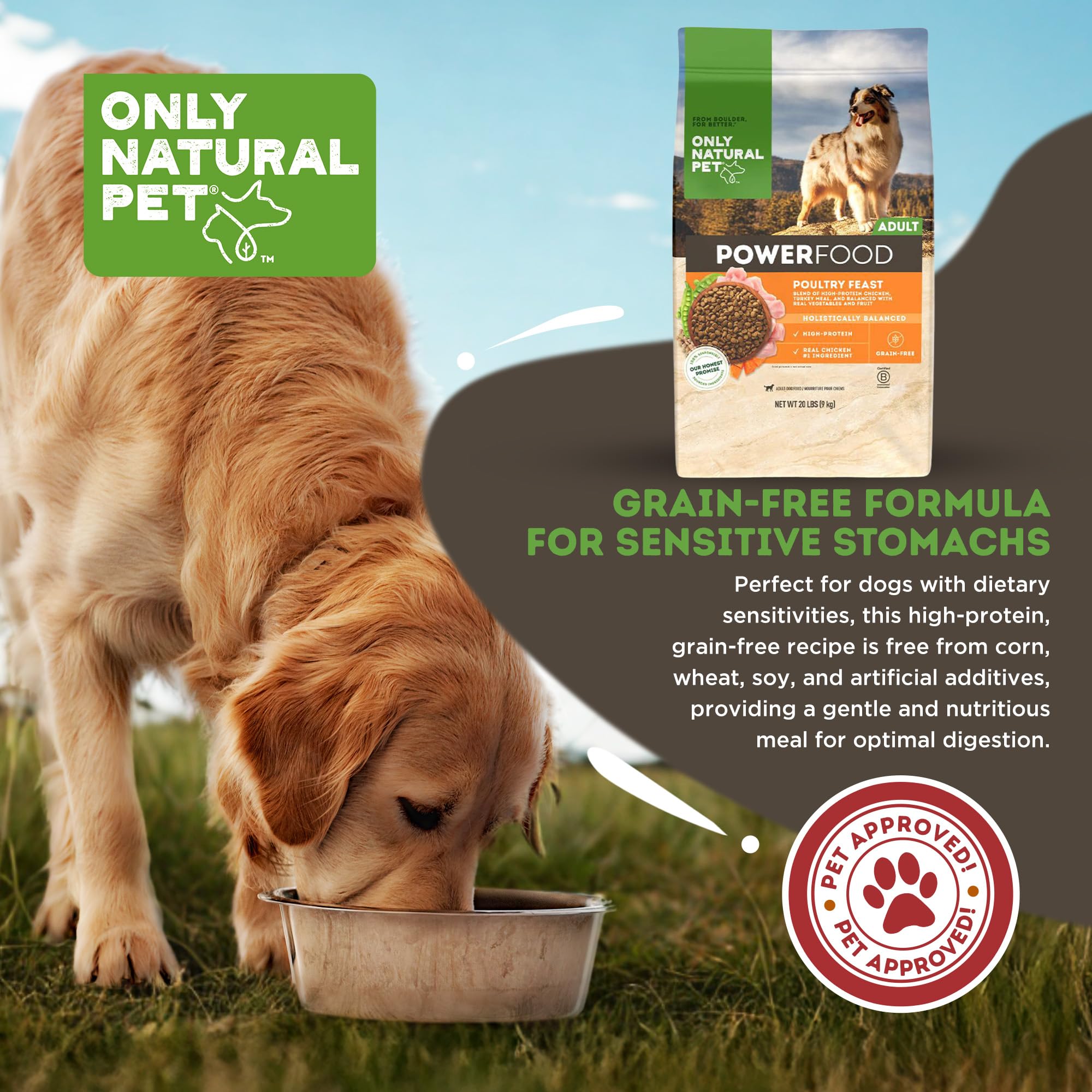 Only Natural Pet Dry Dog Food Canine PowerFood Formula - Paleo Inspired Formula with No Grain, Soy, Corn, Wheat or Oats – Poultry Feast 20 lb Bag
