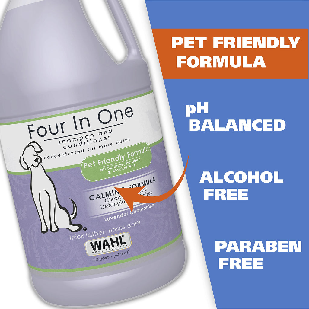Wahl USA 4-in-1 Calming Pet Shampoo for Dogs with a Lavender Chamomile Scent – Cleans, Conditions, Detangles, & Moisturizes - Pet Friendly Formula – 64 Oz - Model 821000-050