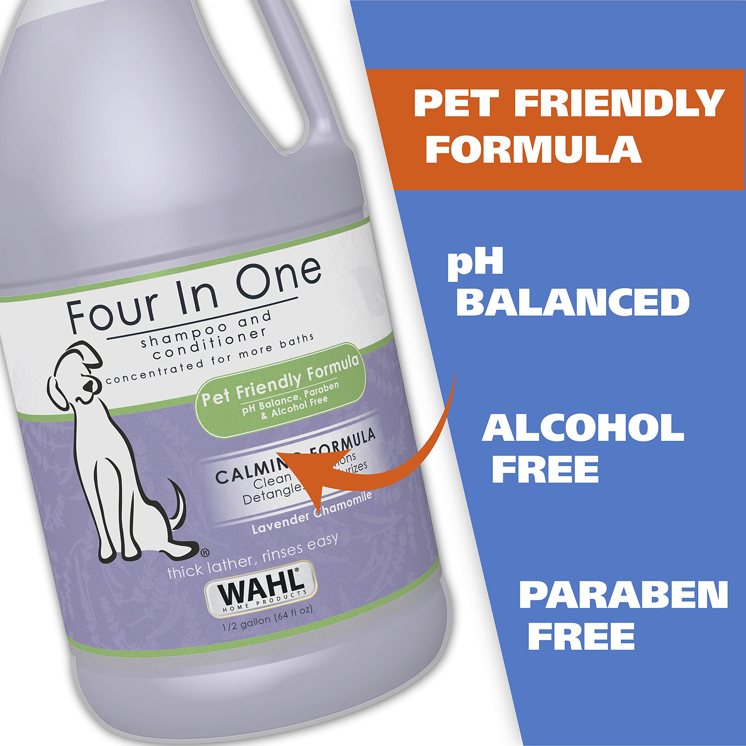 Wahl USA 4-in-1 Calming Pet Shampoo for Dogs with a Lavender Chamomile Scent – Cleans, Conditions, Detangles, & Moisturizes - Pet Friendly Formula – 64 Oz - Model 821000-050