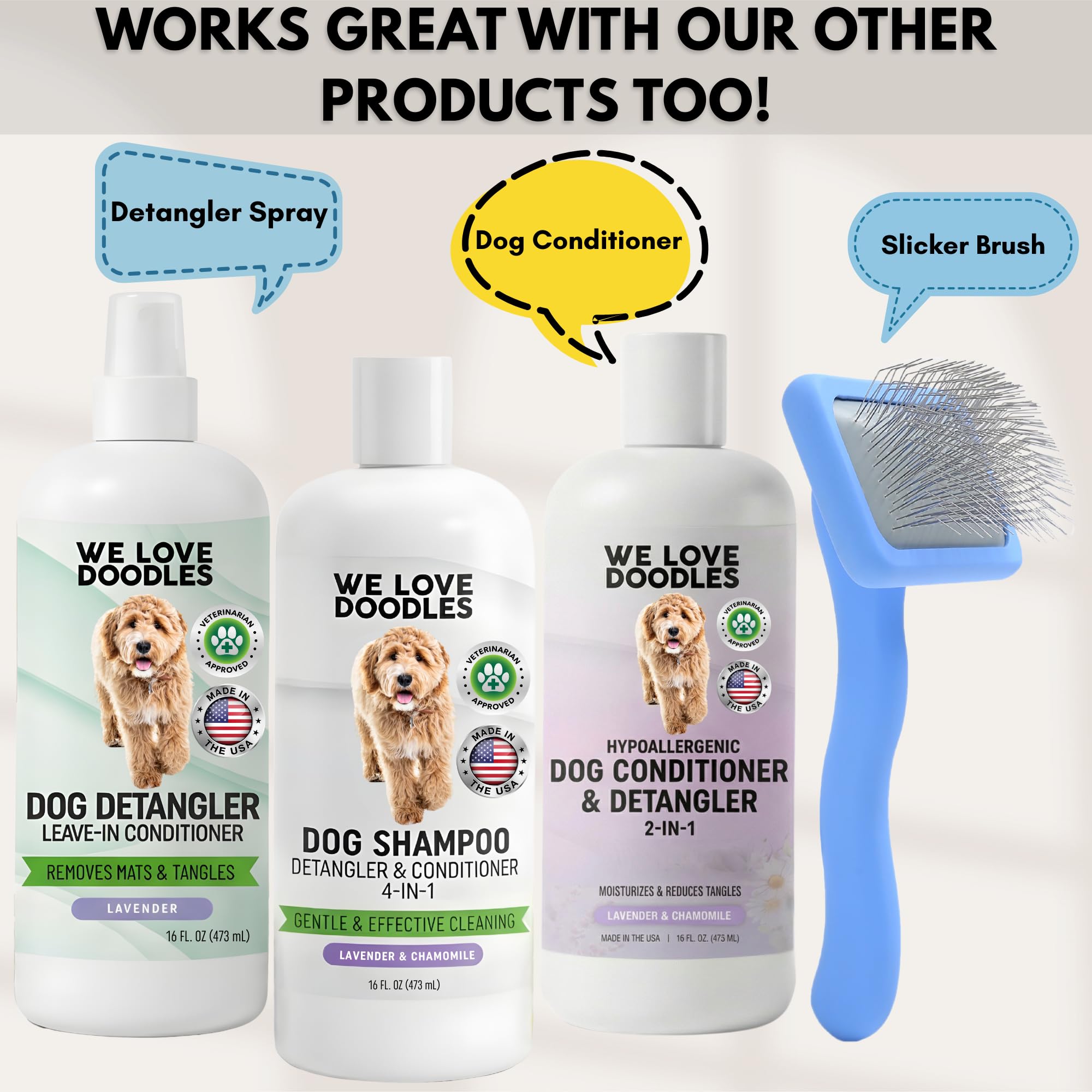 Dog Shampoo, Conditioner & Detangler - Best Shampoo for Goldendoodles, Poodles & Doodles Pet Hair - Hypoallergenic, Tearless, Sensitive Skin for Puppies & All Dog Breeds - Made in USA, 16OZ (Lavender)