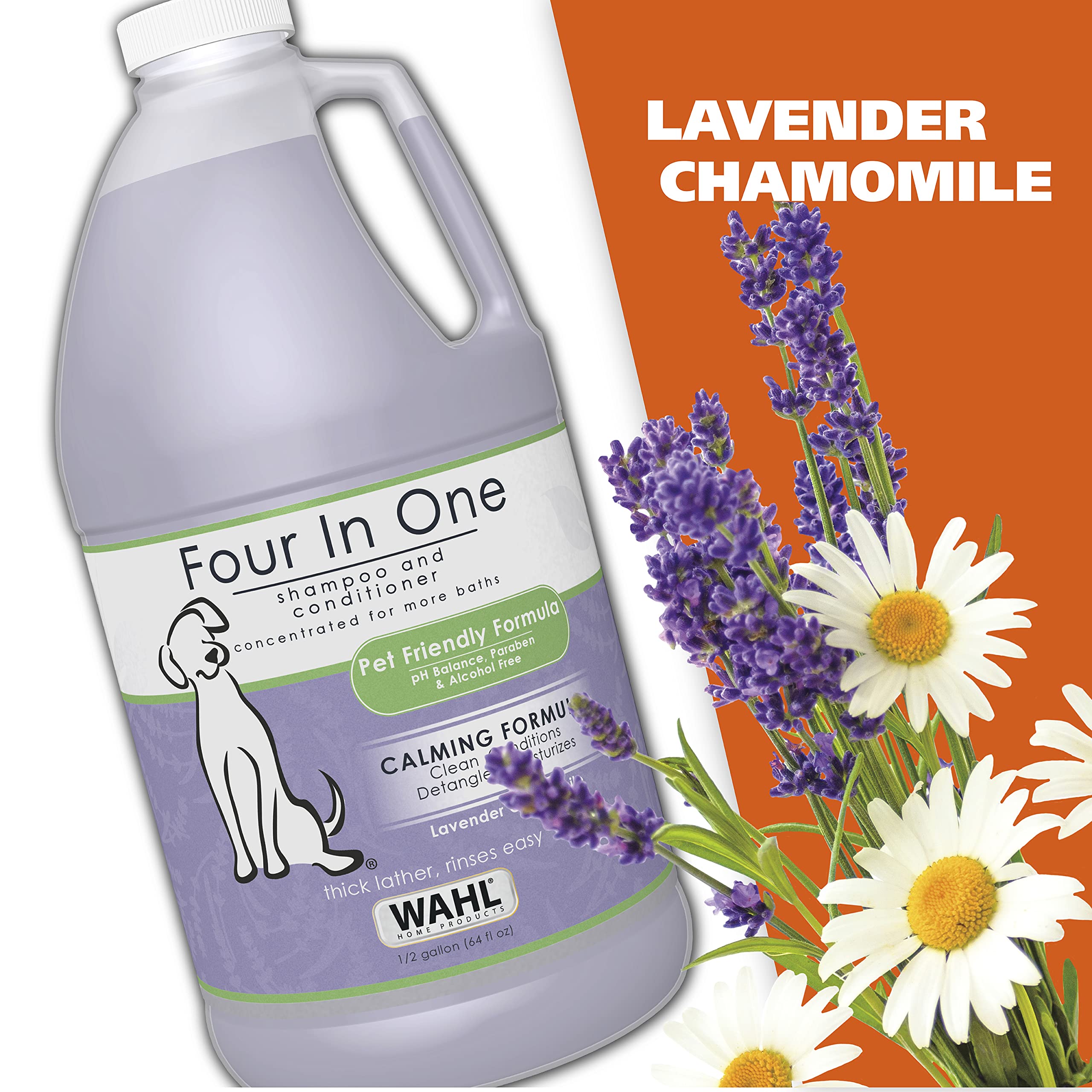Wahl USA 4-in-1 Calming Pet Shampoo for Dogs with a Lavender Chamomile Scent – Cleans, Conditions, Detangles, & Moisturizes - Pet Friendly Formula – 64 Oz - Model 821000-050