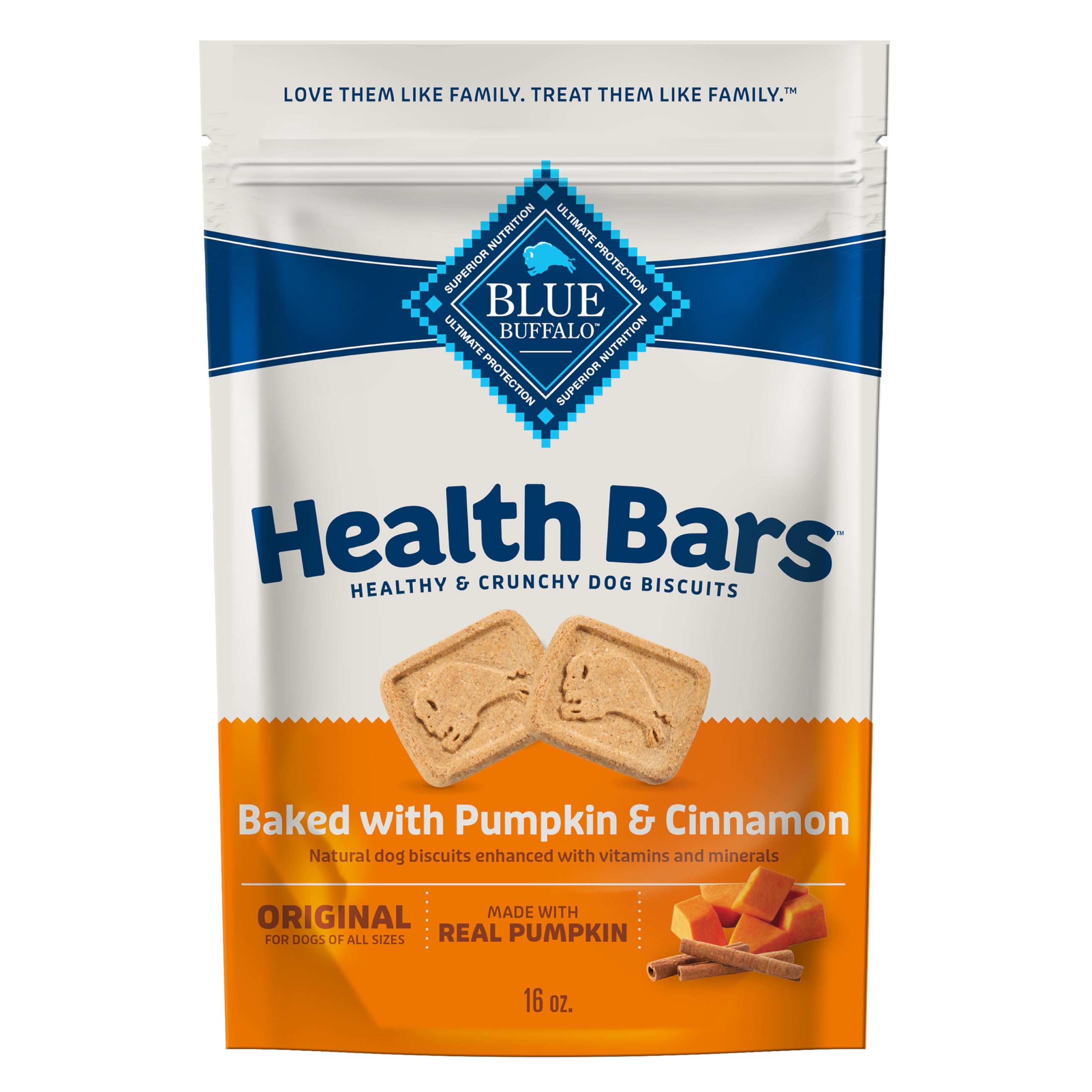 Blue Buffalo Health Bars Crunchy Dog Biscuits, Oven-Baked with Natural Ingredients, Pumpkin & Cinnamon, 16-oz Bag