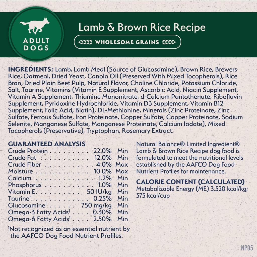 Natural Balance Limited Ingredient Adult Dry Dog Food with Healthy Grains, Lamb & Brown Rice Recipe, 4 Pound (Pack of 1)